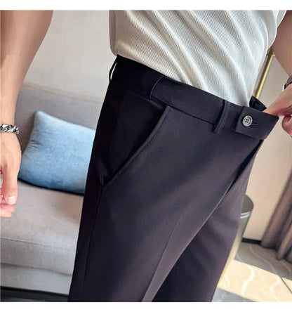 Autumn Winter Thicken Elastic Waist Casual Suit Pants High Quality Men Woven Dark Striped Slim Fit Office Social Dress Trousers