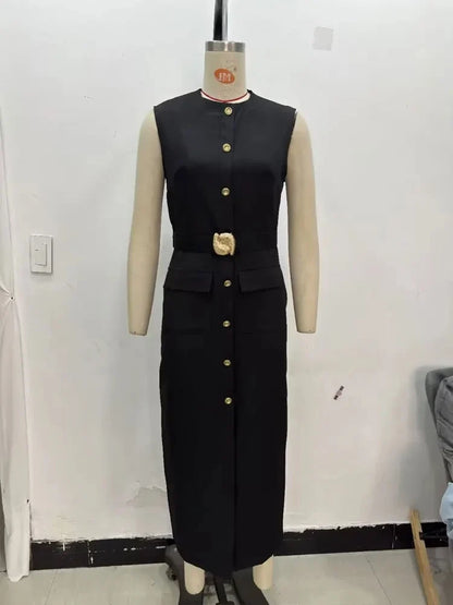 Female Summer Elegant Midi Dress O-Neck Hem Slit With Belt Sleeveless Single Breasted Back Zipper Fashion Long Dress
