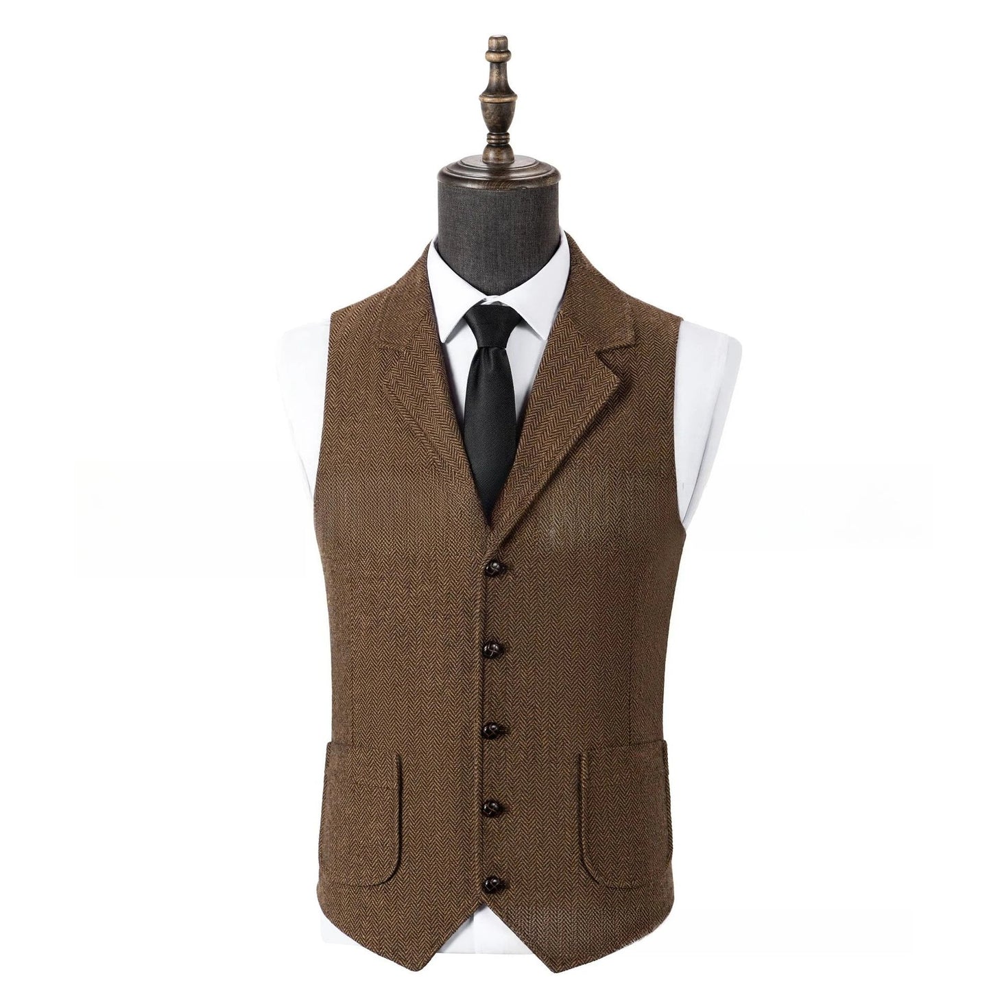 Men's Vintage Herringbone Waistcoat Single Breasted Notch Lapel Formal Vest Business Sleeveless Suit Gilet For Wedding Party