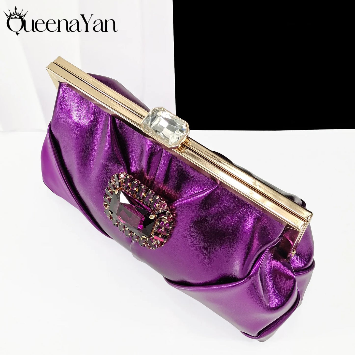 2025 Nigerian Heel Party for Women Purple Color Shoes and Bag Set Rhinestone Handbag Italian Design Wedding