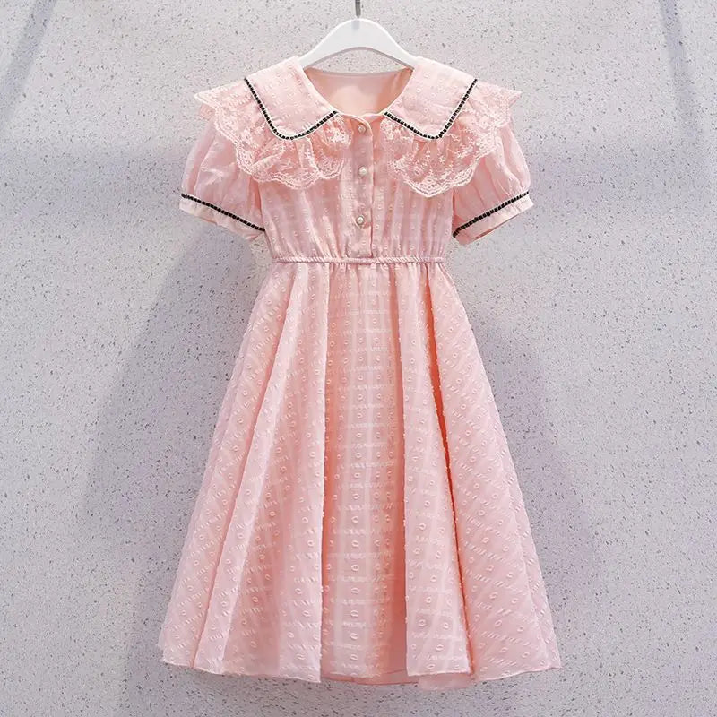 2026 New Summer Dresses Kid Baby Princess Lace Girls Teenager A-LINE STRIPED Chiffon Mid Long Layered Dress 4 8 10 12 14 Years