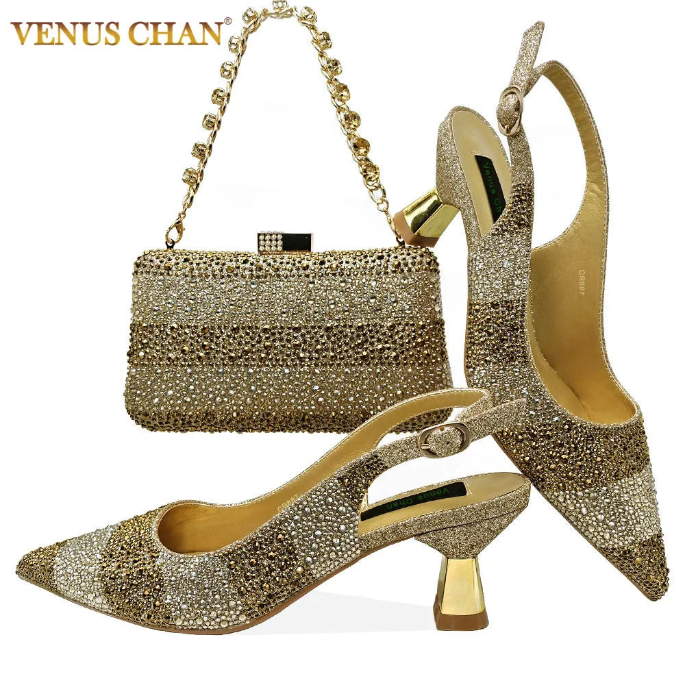 2024 Hot Selling INS Pointed-Toe Luxury Style High Heels Sandal With Bag Set in Gold Color For Wedding Party Women