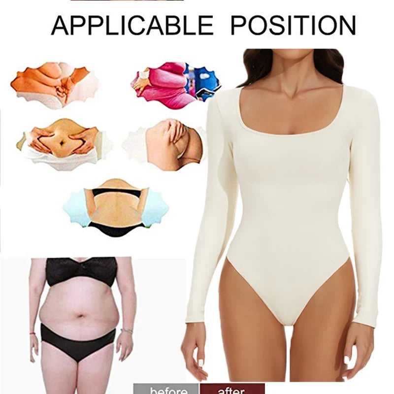 Open Crotch Big U Neck Seamless Bodysuit Long Sleeve Spandex Elastic Body Suit Shapewear Tummy Control Waist Shapers