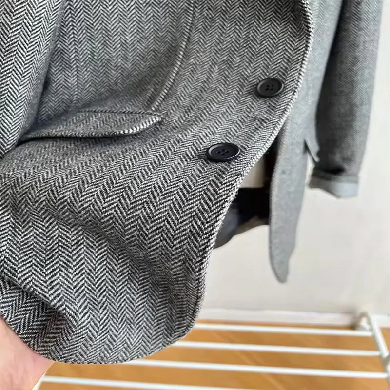 Vintage Men's Herringbone Tweed Blazer Suede Shoulder Patch Notch Lapel Slim Fit Jacket Casual Business Suit Sport Coat for Men
