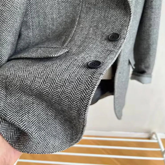 Vintage Men's Herringbone Tweed Blazer Suede Shoulder Patch Notch Lapel Slim Fit Jacket Casual Business Suit Sport Coat for Men
