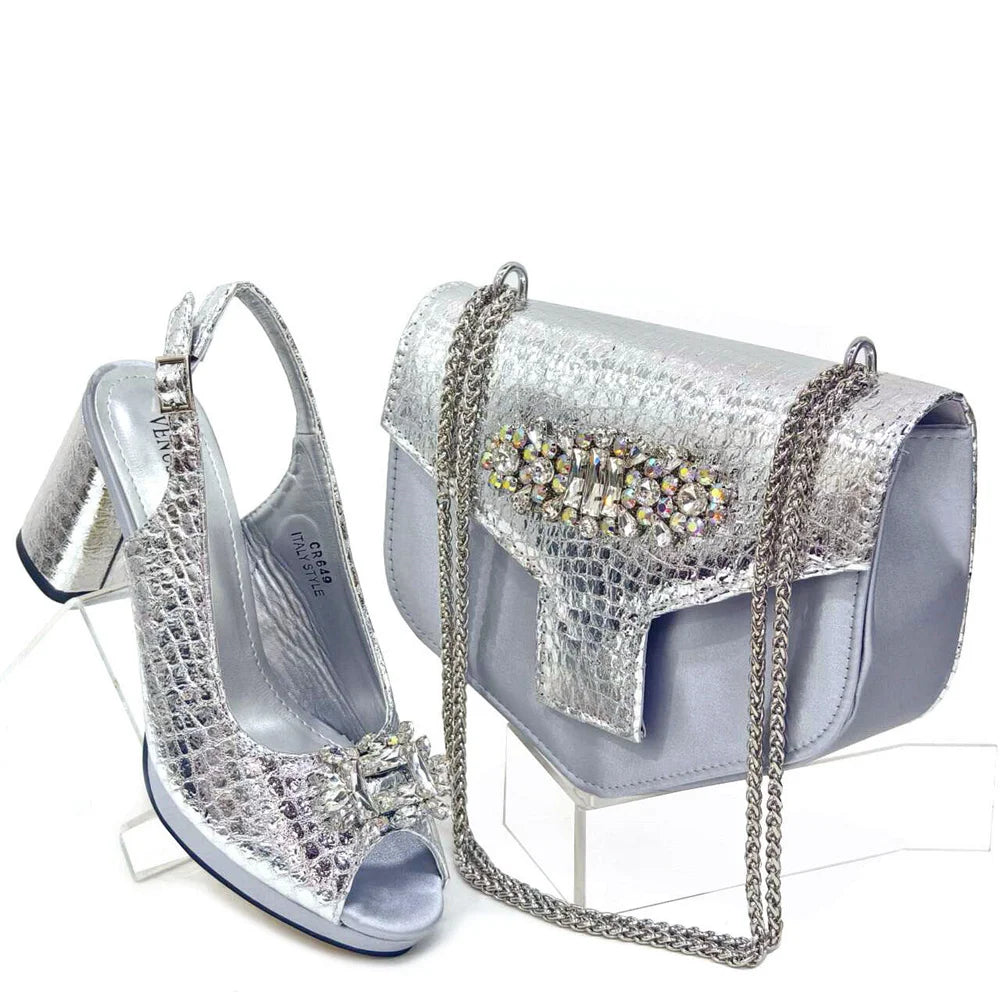 Italian Shoes and Bags Matching Set 2024 Women Heel Party for Silver Colour Italian Design Wedding Bigger Size Shoes