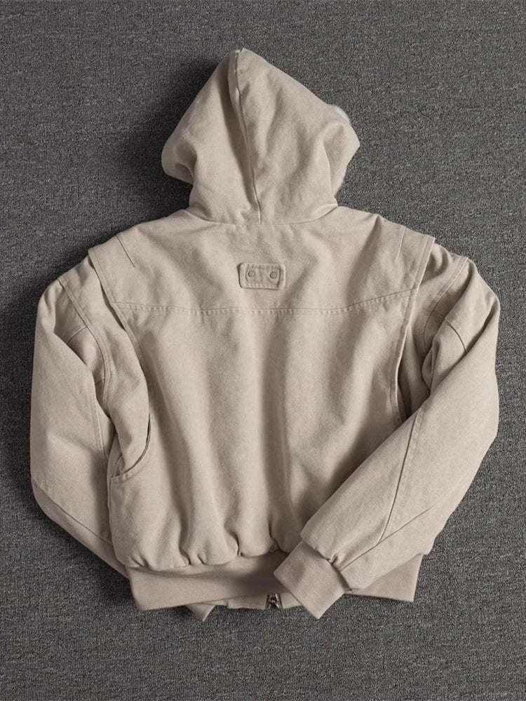 Autumn Winter Short Thickened Warm Oversized Canvas Washed Padded Jacket with Faux Fur Inside Loose Casual Hoodie