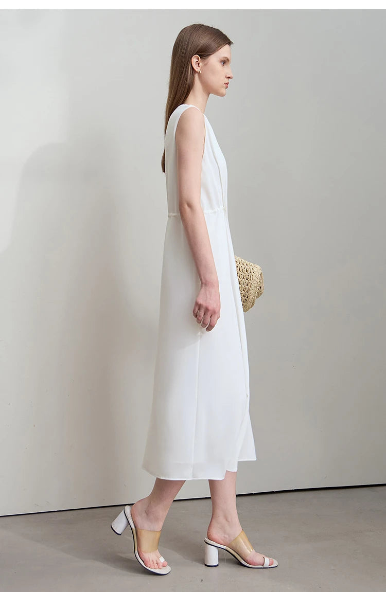 Minimalism Dresses 2025 Summer Vocation Women Loose Long Dresse Sleeveless High Waist Design Bead Drawstring Dress 12542177
