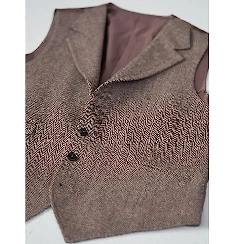 Men Vest Brown Classic Herringbone Pattern Suit Vest Notch Lapel Waistcoat Slim Formal For Wedding Groomsmen Banquet Men Suit