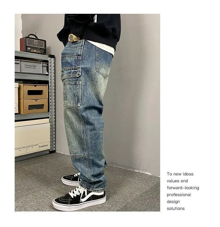 Autumn American Casual Ruffian Handsome Washed Retro Tooling Jeans Men's Straight Loose High Street Tapered Pants Tide