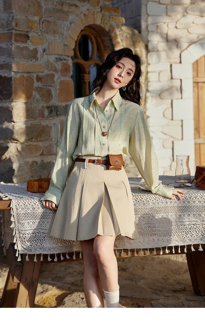 Solid Loose Fit Shirt for Women Spring 2025 Dropped Shoulder Long Sleeved  Top Casual Turn-down Collar Shirts MXE13C0405