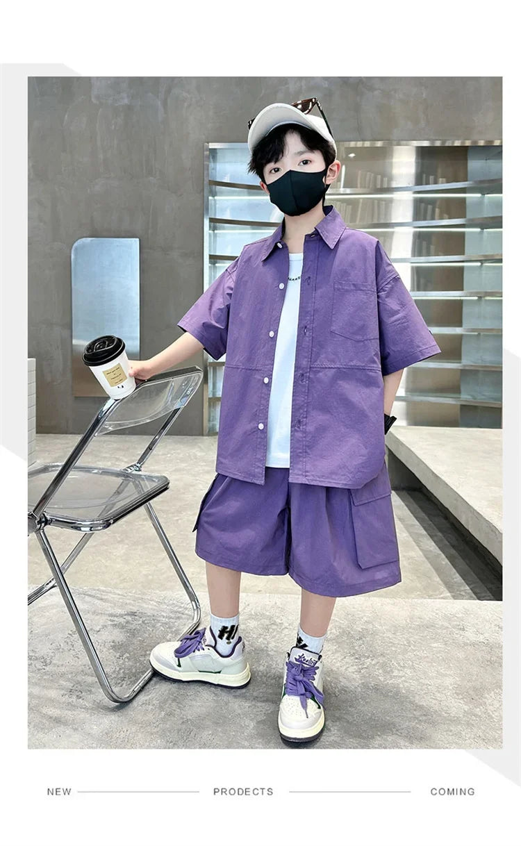 Kids New Summer Purple Suit for Boys Short Sleeve Shirt + Shorts 2 Pieces Clothes Set Children Loose Style Outfit Clothing Set