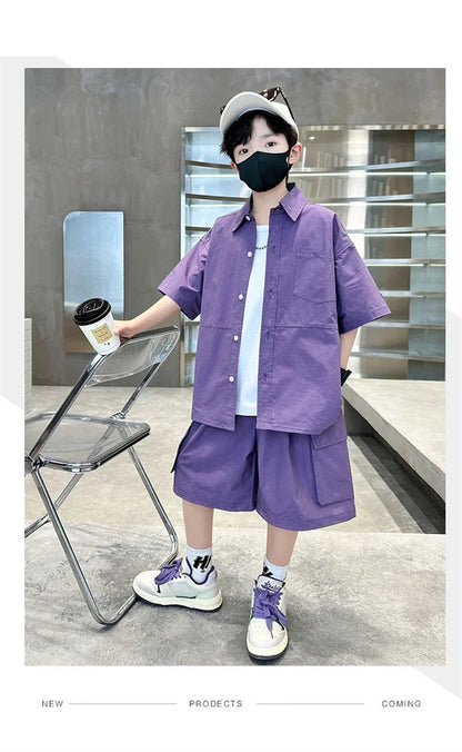 Kids New Summer Purple Suit for Boys Short Sleeve Shirt + Shorts 2 Pieces Clothes Set Children Loose Style Outfit Clothing Set