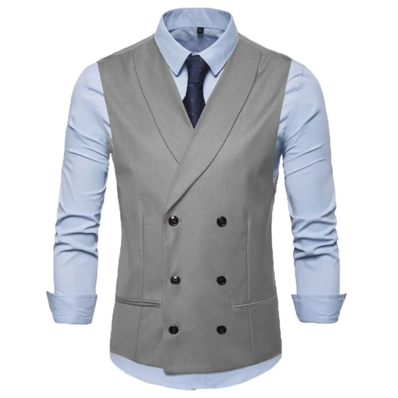Men Vest Black Solid With Lapel Double Button Waistcoat For Regular Slim Wedding Banquet Business Work Men Suit Vest