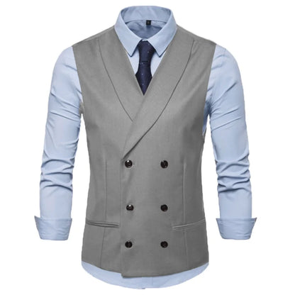 Men Vest Black Solid With Lapel Double Button Waistcoat For Regular Slim Wedding Banquet Business Work Men Suit Vest