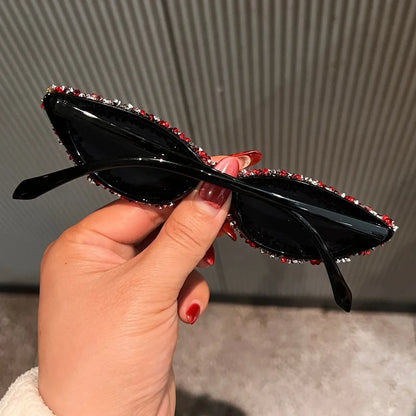 Disco Party Dance Sparkling Sunglasses Women Bling Red Rhinestone Sexy Retro Small Cat Eye Frame Shades for Club Prom UV400