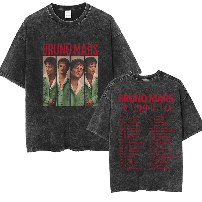 Bruno Mars The Romantic Tour 2026 Vintage Washed T Shirts Men's Women Punk Gothic Fashion Cotton Short Sleeve T-Shirt Streetwear