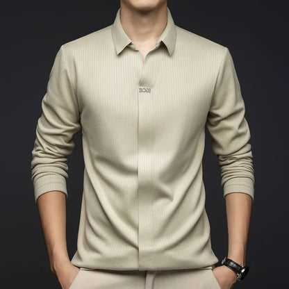 Men's Business Casual Solid Color Stretch V-neck POLO Shirt Daily Commute Striped Sweater for Fall 2024.