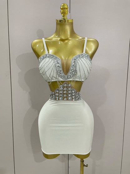 STOCK Luxury Shiny Diamond Chain White Sexy Sleeveless Bodycon Mini Dress 2025New Evening Birthday Party Nightclub Stage Costume