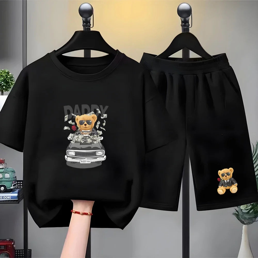 Children Short-sleeved T-shirt+Shorts black Boys Girls Toddler 3-12Yrs Sports Set Summe cool Tshirt Wealthy Bear Clothing