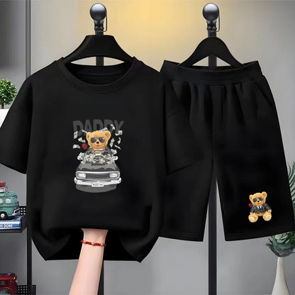 Children Short-sleeved T-shirt+Shorts black Boys Girls Toddler 3-12Yrs Sports Set Summe cool Tshirt Wealthy Bear Clothing