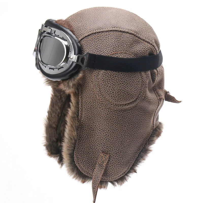 Men Winter Bomber Hat With Goggles Outdoor Motorcycle Windproof Warm Faux Fur Pilot Earflap Hat Leather Thermal Ushanka