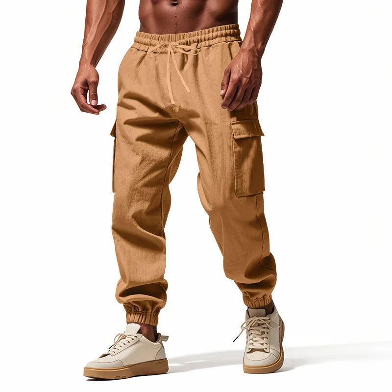 2026 New men's casual multi-pocket trousers male closed-placket tethered cotton and linen straight-leg leggings Men Mens