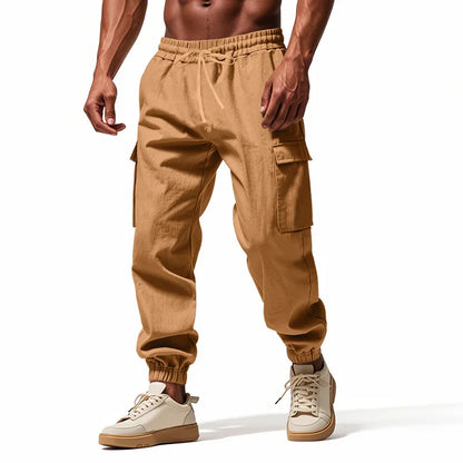 2026 New men's casual multi-pocket trousers male closed-placket tethered cotton and linen straight-leg leggings Men Mens