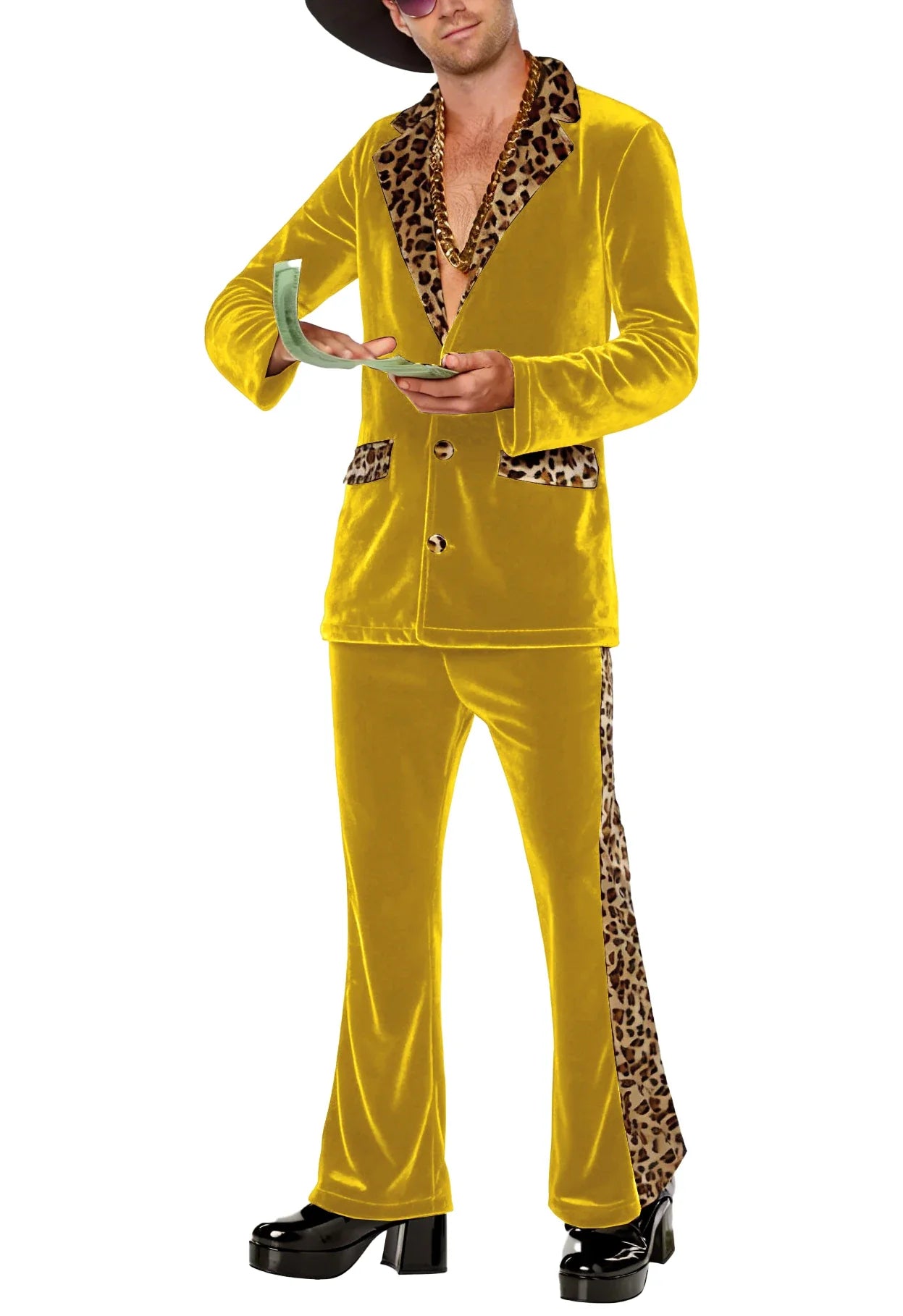 Luxury Men's Velvet Suit Notch Lapel Jacket Leopard Print Patchwork Trim Wide Leg Flare Trousers Tuxedo Cosplay Prom Event