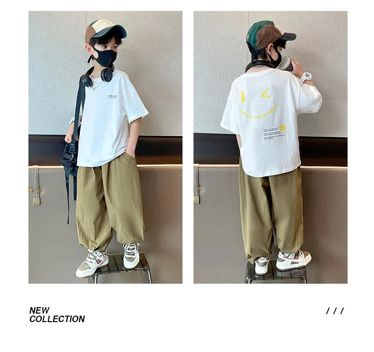 Teens Children's Summer Sets for Boys Clothing Cotton Set 2025 New Fashion Kids Loose Handsome T-shirt+ Lantern Pants Set Outfit