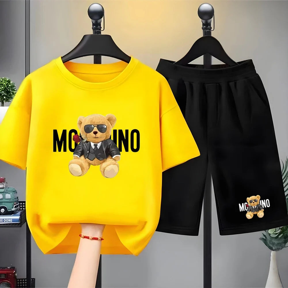 Fashion Letter Bear Print Children Summer Clothing Tshirt+Shorts Black Boy Girl Red Toddler 3-12Yrs Leisure Short-Sleeved Set
