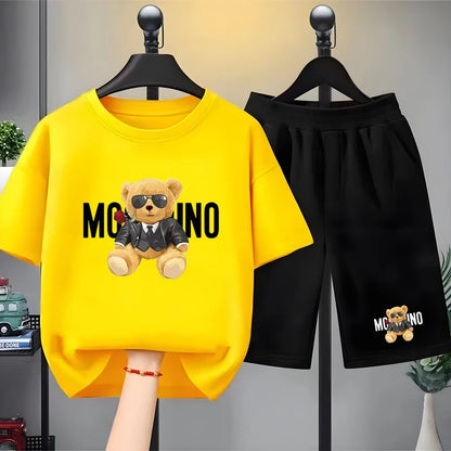 Fashion Letter Bear Print Children Summer Clothing Tshirt+Shorts Black Boy Girl Red Toddler 3-12Yrs Leisure Short-Sleeved Set