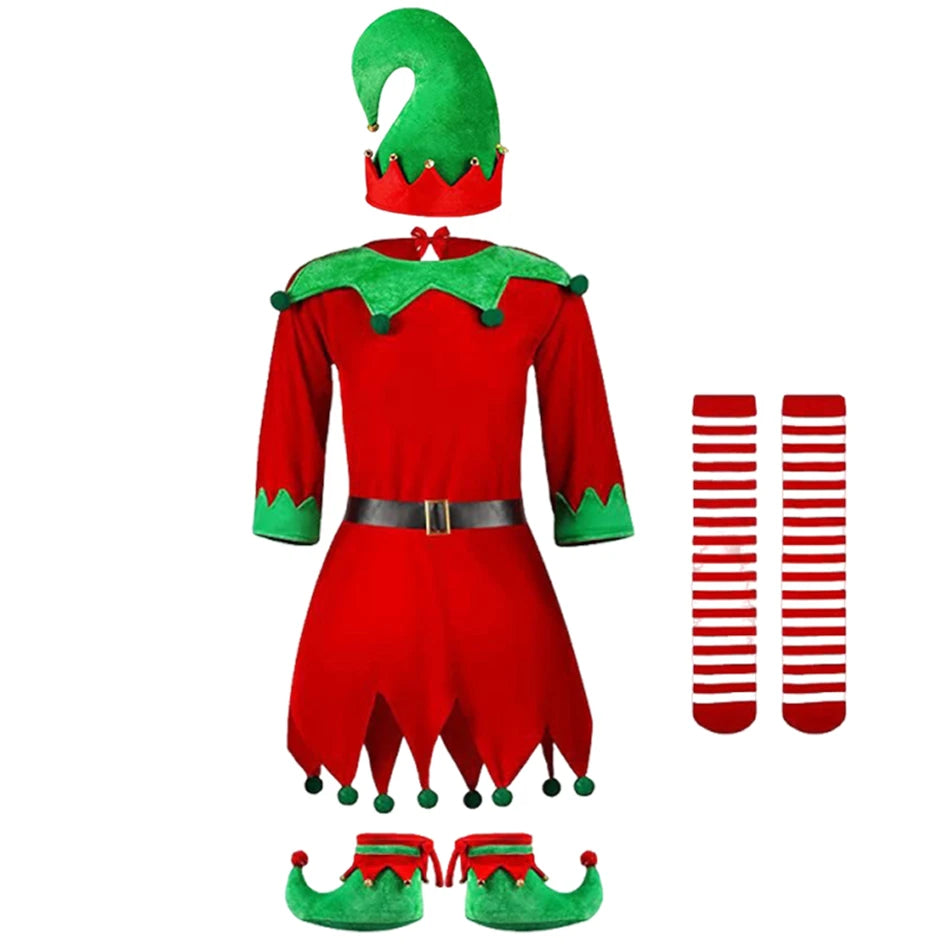 2026 Girl Boy Christmas Elf Costumes Santa Claus Kid Suit Festival Halloween Cosplay Sets Green Elves Clothes