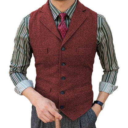 Men's  Vest Slim Fit Suits Vest Herringbone Tweed Notch Lapel Wool Business Casual Waistcoat Grossmen For Wedding