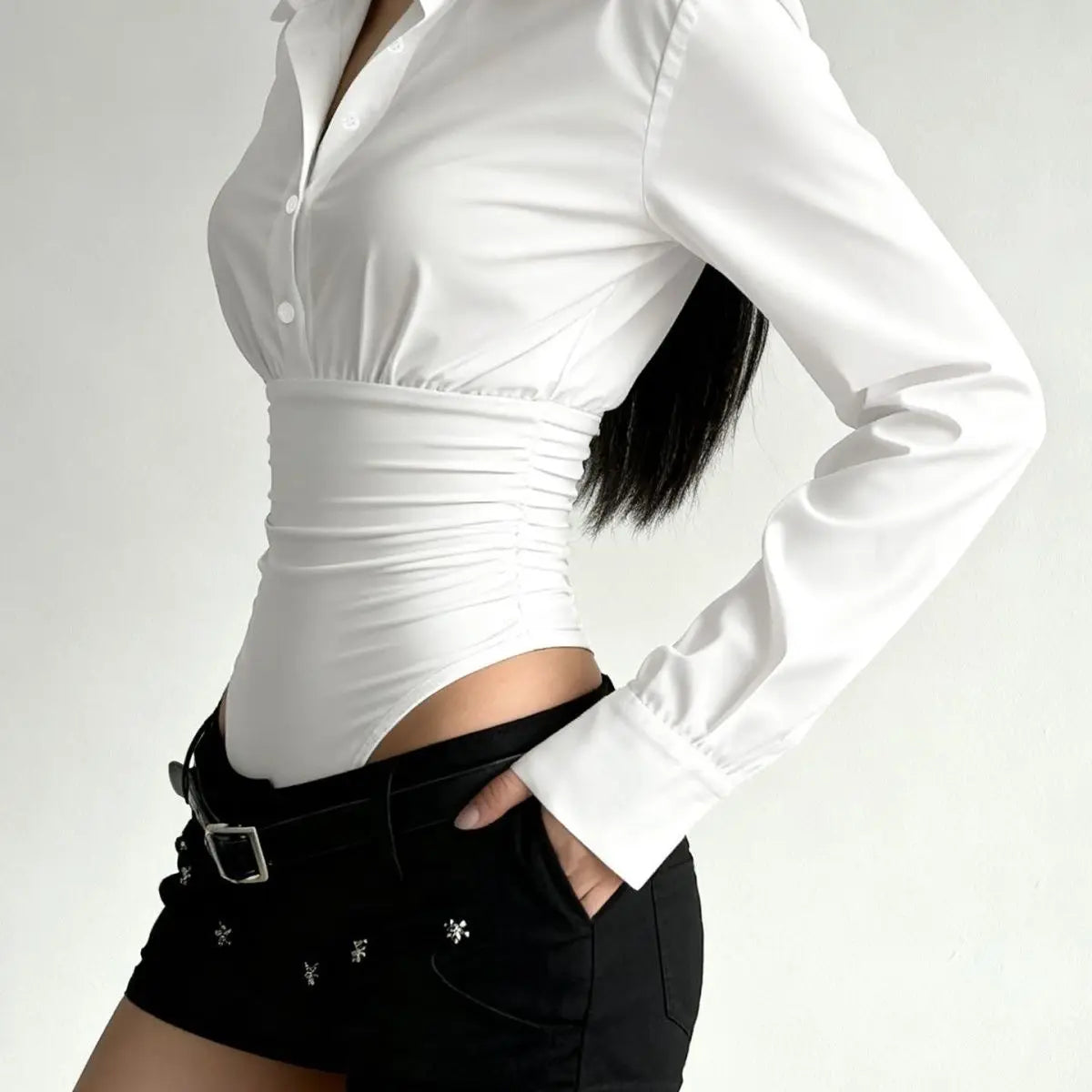 Summer Fashion New Design Sense High-end Spicy Girl Three-dimensional Top Simple Slim Fit Versatile Long Sleeved Jumpsuit Shirt