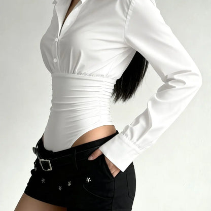 Summer Fashion New Design Sense High-end Spicy Girl Three-dimensional Top Simple Slim Fit Versatile Long Sleeved Jumpsuit Shirt