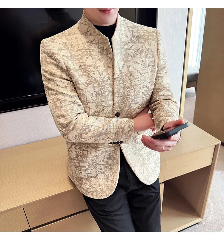 New Chinese Style Stand Up Collar Jacquard Suit Coats Men Slim Business Casual Fashion Suits Jacket Formal Social Party Tuxedos