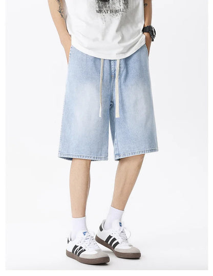Casual Denim Shorts Men Elastic Waist Straight Comfortable Light Blue Soft Short Pants Baggy Wide Bermuda Male Jeans
