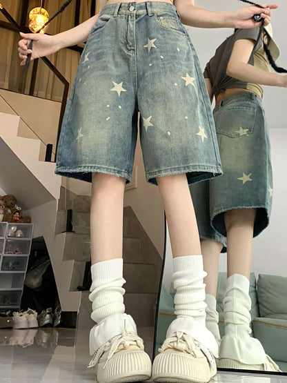 Women High Waist American Retro Washed Wide Leg Jeans Girls Street Do Old Star Loose Denim Pants Female Blue Knee Length Shorts