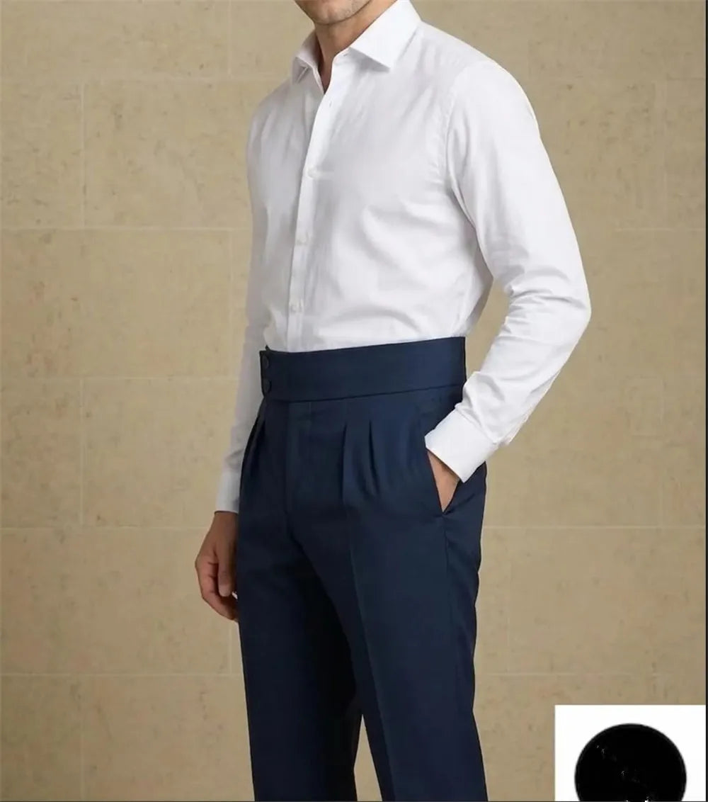 Navy Blue Men’s High Waisted Pleated Dress Pants Gurkha Style Trousers Double Button Waist Formal Pants Wedding Pants for Men