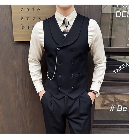 ( Vest + Pants) Men Luxury Double Breasted Design Suit Vest 2 pieces Formal Groom Wedding Dress Vest Set Fashion Club Clothing