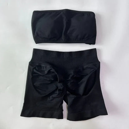 No Logo Women 2 Pieces Yoga Set Backless Bandeau Sports Bra Scrunch Shorts Yoga Clothing Gym Set Workout Clothes Outfits Sets