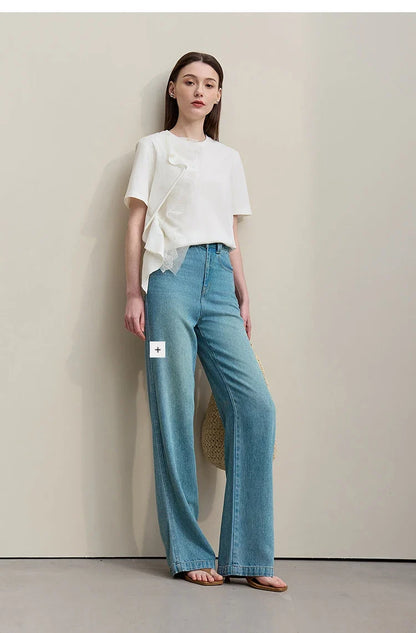Women's T-Shirt 2026 Summer New Round Neck Ruffle Hem Cotton Tee Lace Trim Short Sleeve Loose Fit Top For Women 12642012