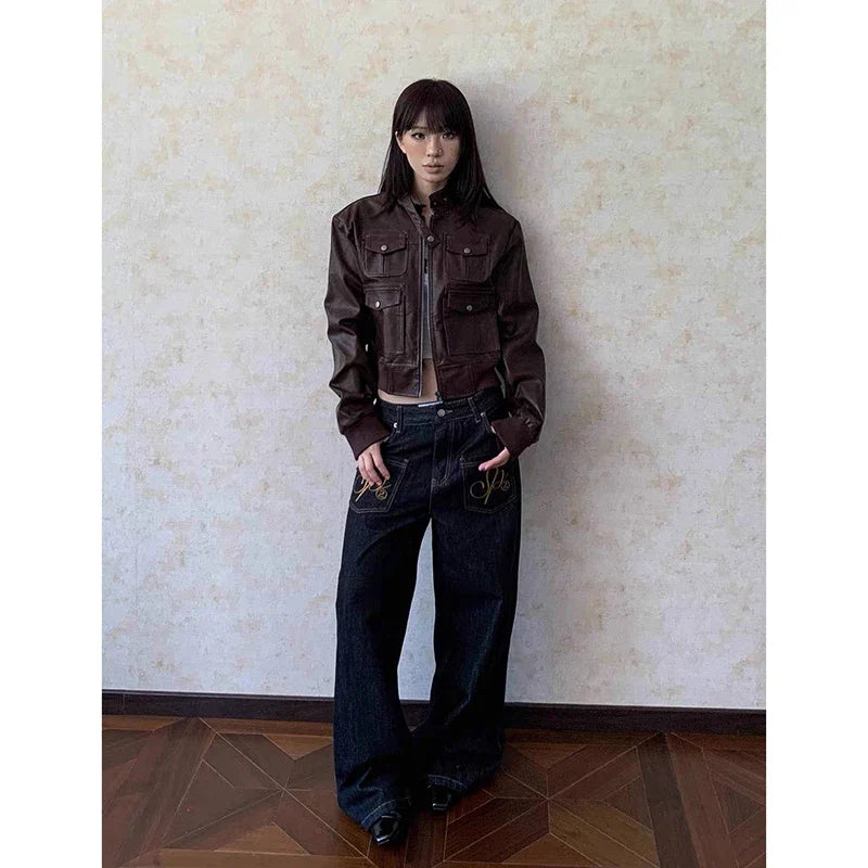 Women Chic Baggy Embroidery Jeans Grunge Japanese Low Rise Y2K Denim Pants 2000s Aesthetic Harajuku Abi Grunge Cyber Punk