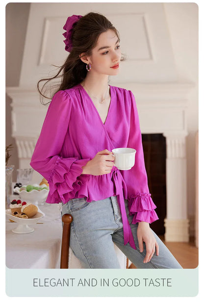 Long Sleeved Women's Shirt 2025 Spring/Summer V-neck Multi-layer Ruffled Cuffs and A Patchwork Hem Splicing Shirt