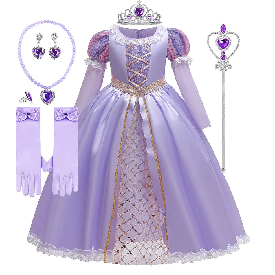 Girl Elegant Dress Kids Rapunzel Costume Children Halloween Birthday Sequin Tangled Dress Girl Carnival Lace Princess Party Gown