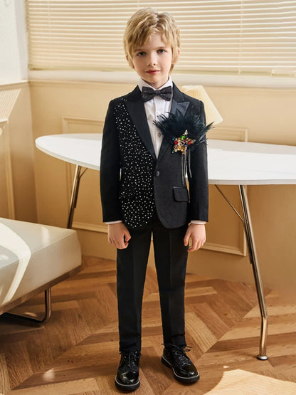 Exquisite Beaded Boys Suits 3 Pieces Jacket Pants Bow-tie Birthday Party Wear Handsome Kids Suit Set For Performance