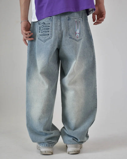 D4C JoJo  Y2K Men High Waist Baggy Jeans Women Pink Heart Side Embroidery Loose Fit Washed Denim Pants Streetwear Wide Leg Pants