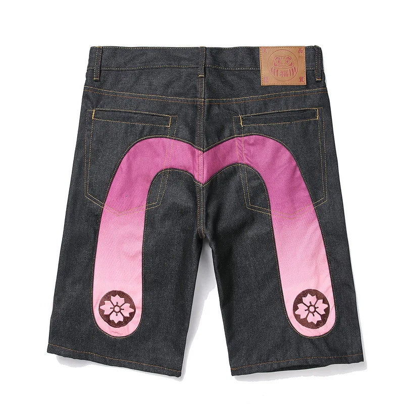 Men Embroidery Denim Shorts Black Hiphop Jeans Pants Cherry Blossom Dragon Totem Washed Zipper Cotton Summer cherry blossoms 024