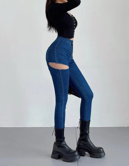 American Spicy Girls Sexy Hole Jeans Slim High Waist Elastic Feet Pencil Pants Trousers Fashion Women BOF8